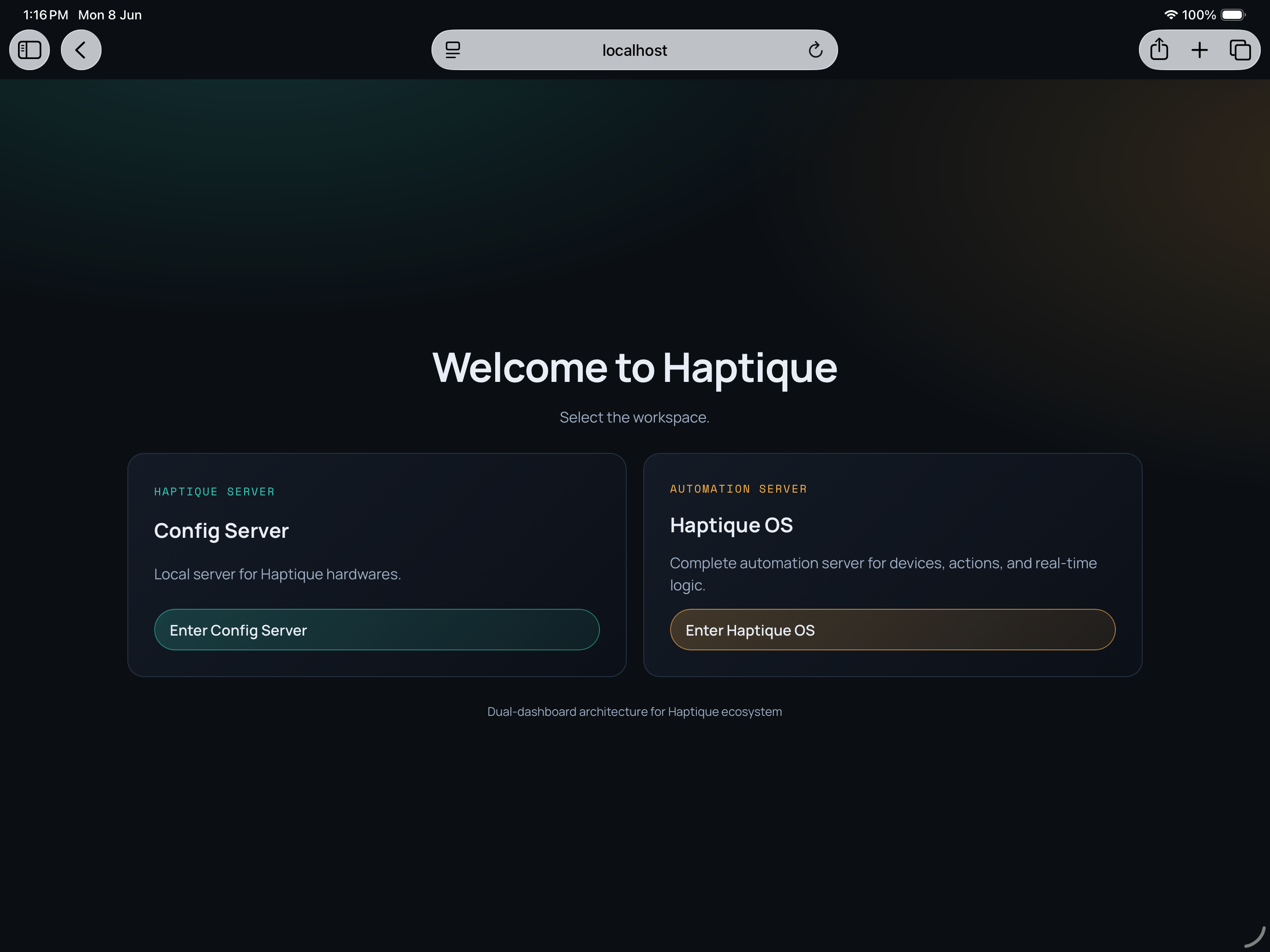 Haptique OS local setup screen