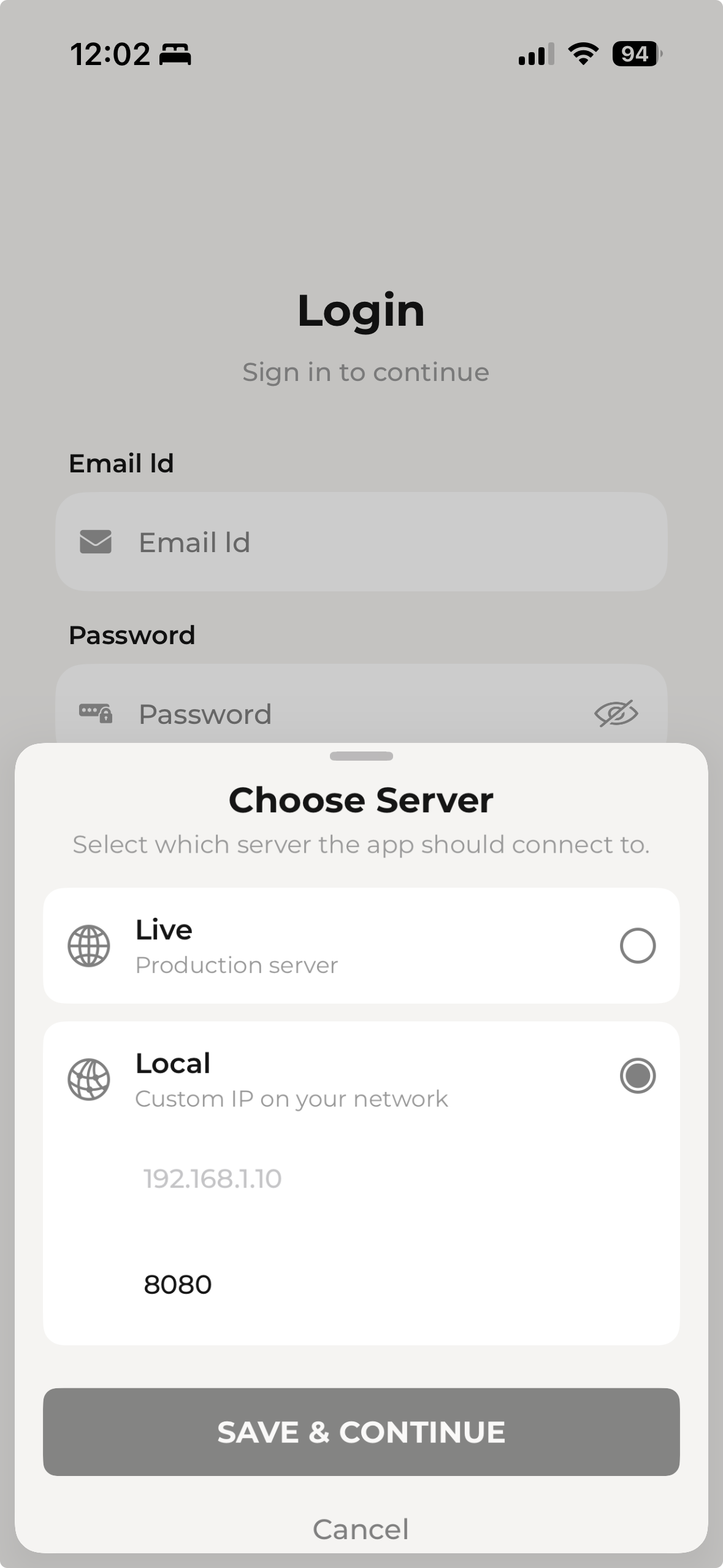 Config app local HOS connection screen