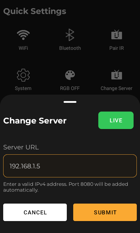 RS90 Change Server screen with IP address field