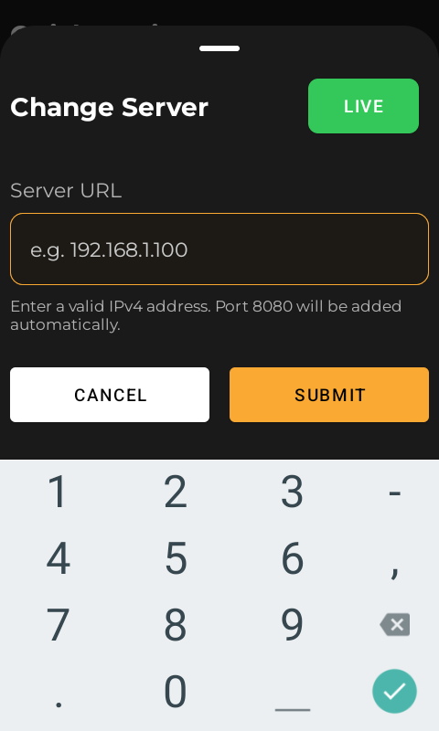 RS90 Change Server screen with local IP entered