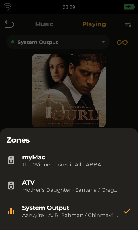 Roon zone selection on Haptique RS90 showing available listening zones