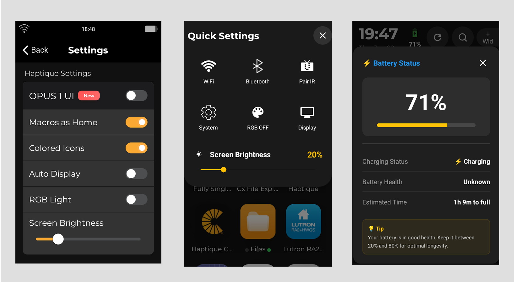OPUS 1 settings screen