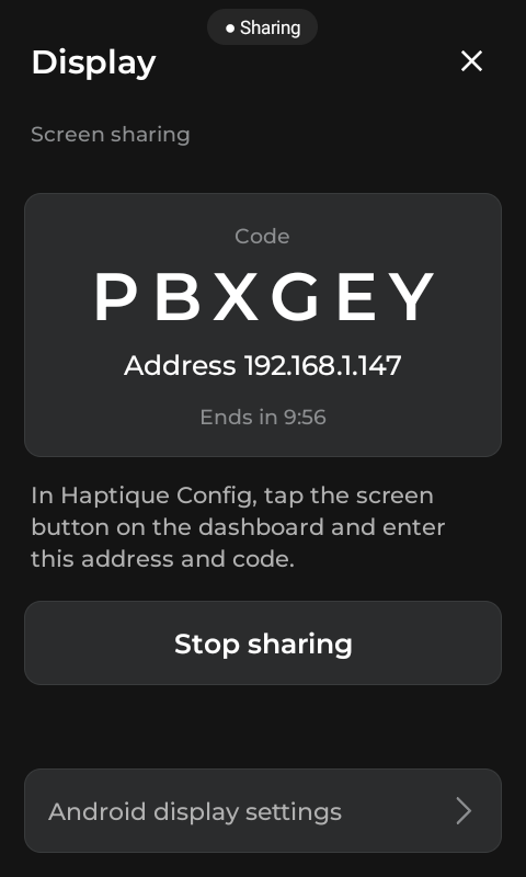 Enter the address and current code in Haptique Config. Example session shown; this code is inactive.