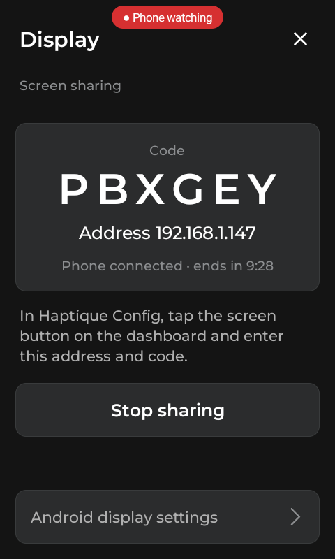 The RS90 shows Phone connected while the viewer is receiving its screen.